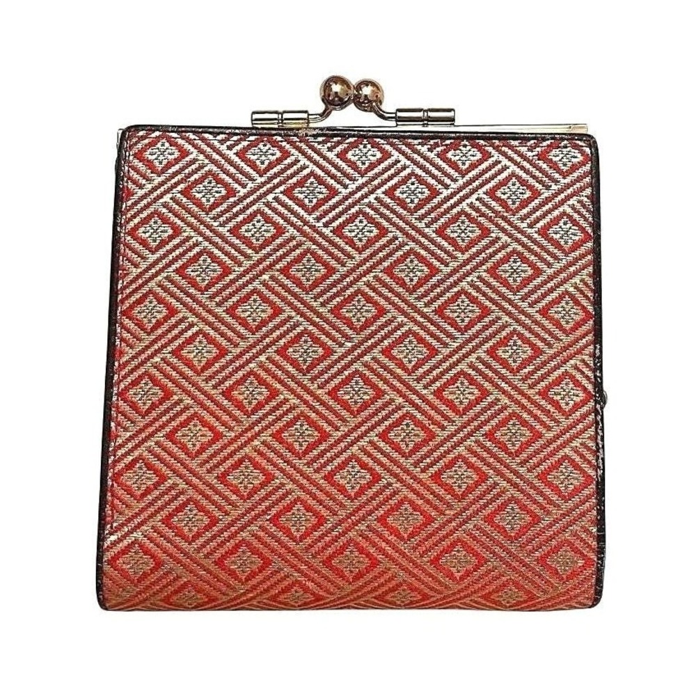 Vintage Japanese Silk Brocade Kisslock Wallet Red Gold Geometric Kimono Fabric